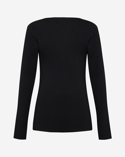 Back of tall woman tall long sleeve black top