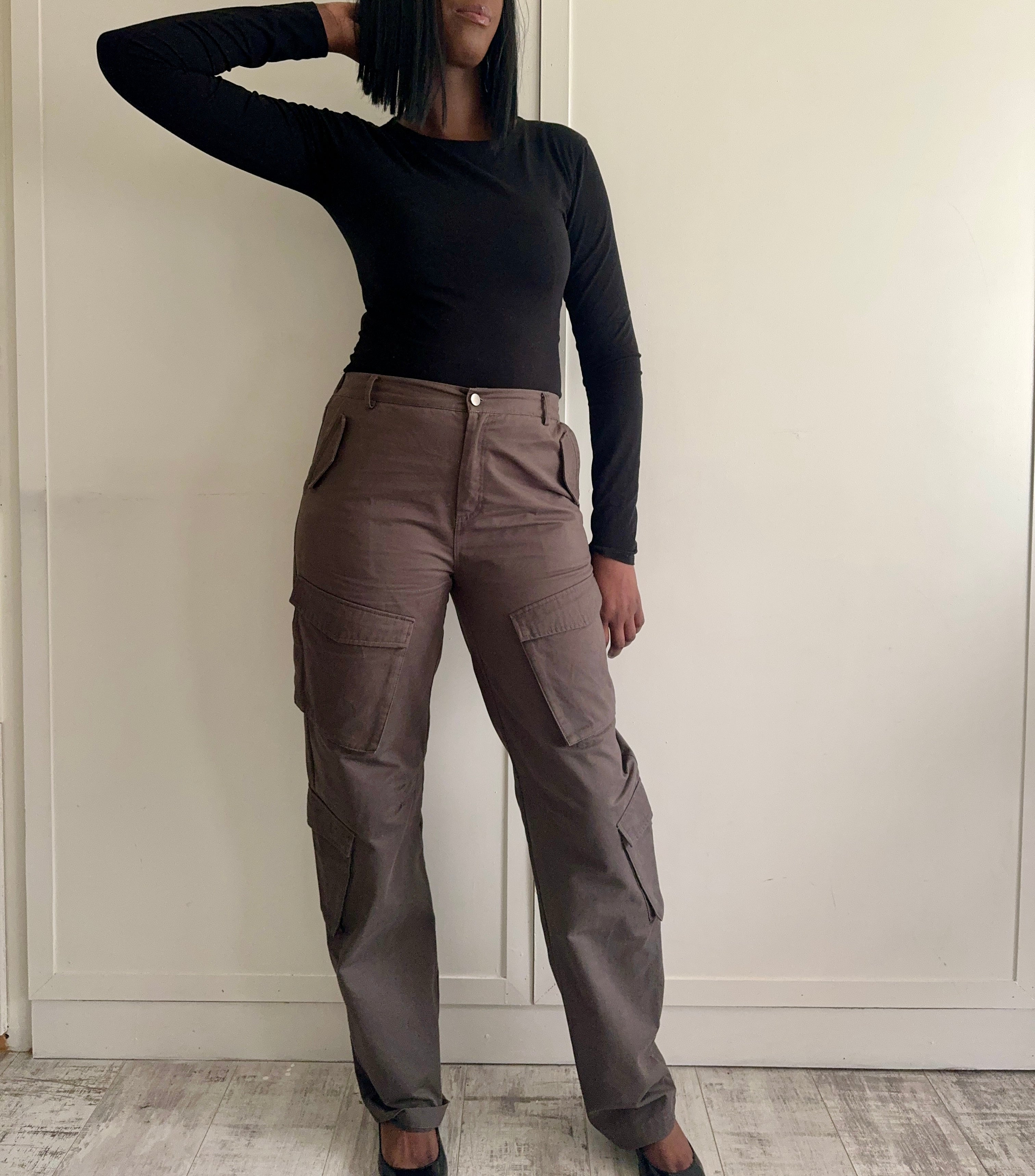 Tall women's khaki cargo trousers styled for streetwear