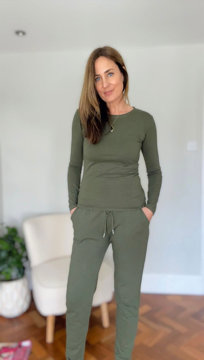 Slim fit khaki joggers for tall women styled for everyday wear