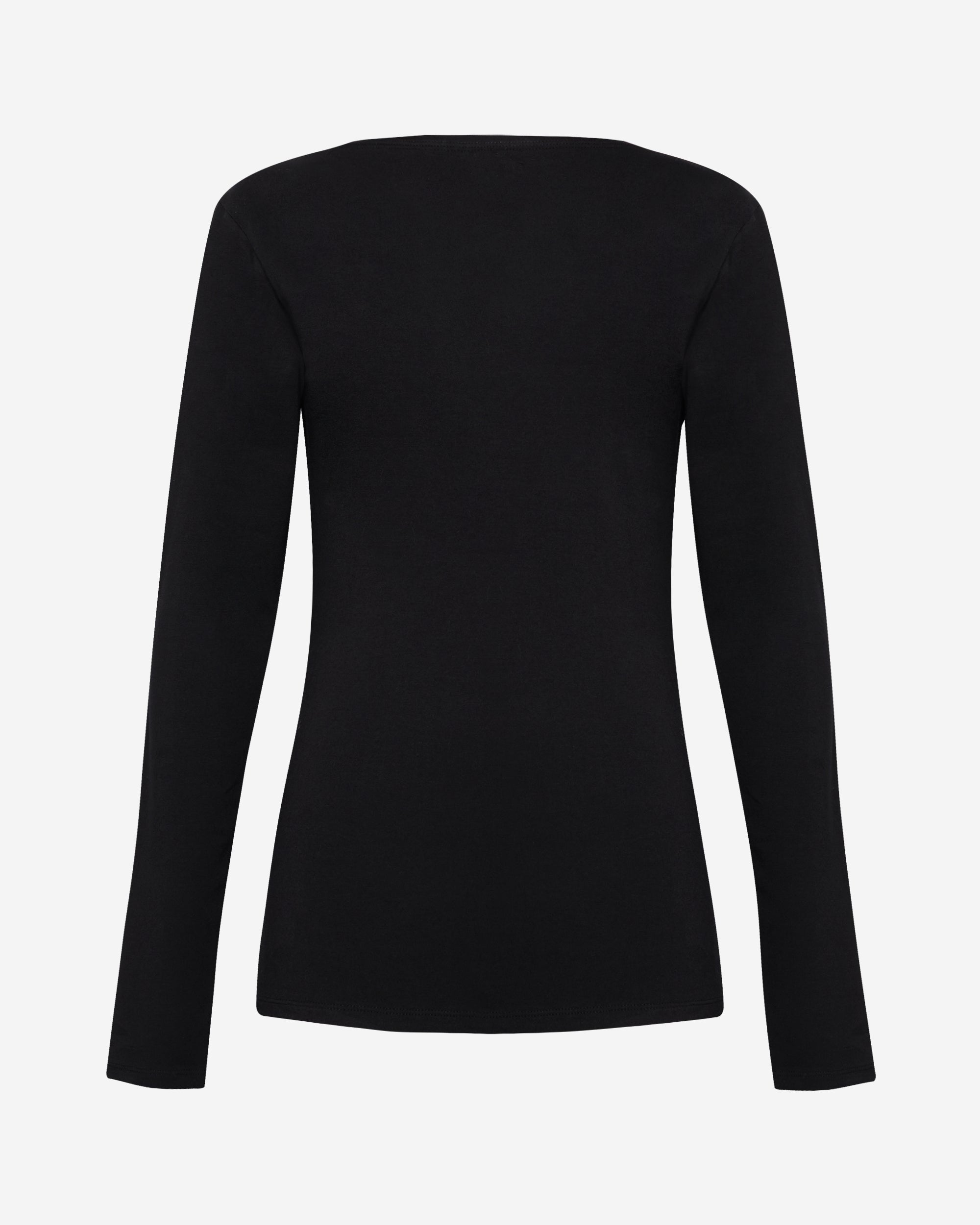 Back of tall woman long sleeve black top
