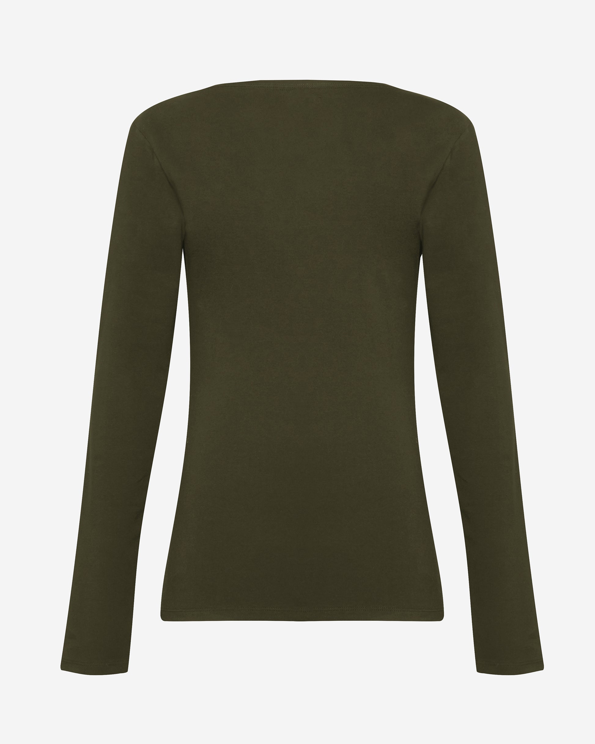 Back view of tall woman in khaki top with cotton rich detail