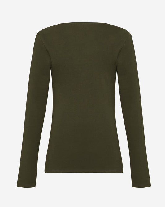 Back view of tall woman in khaki top with cotton rich detail