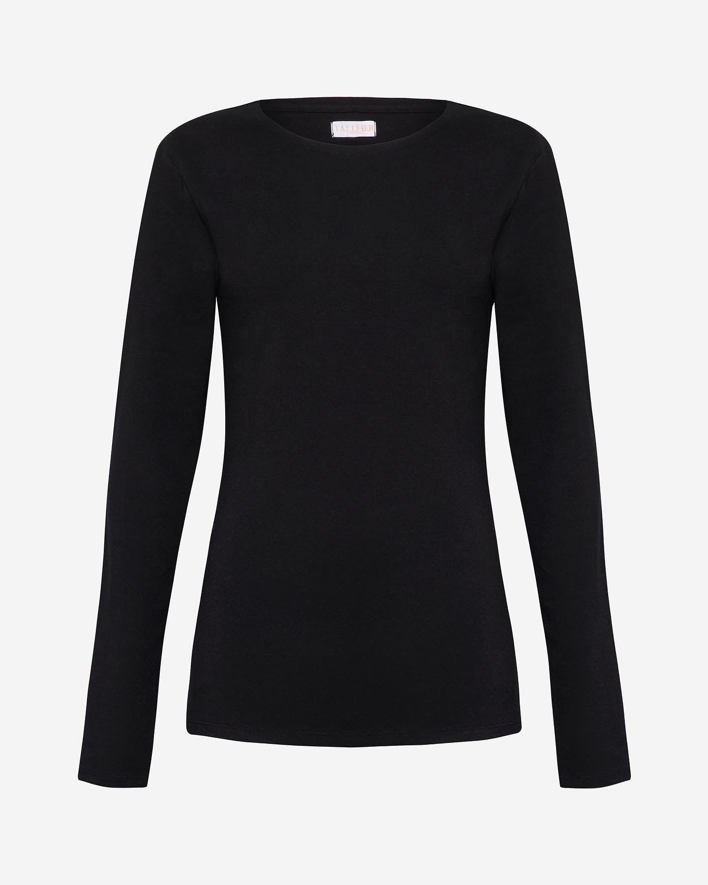 Slim fit black tall long sleeve top for tall women, ideal for layering