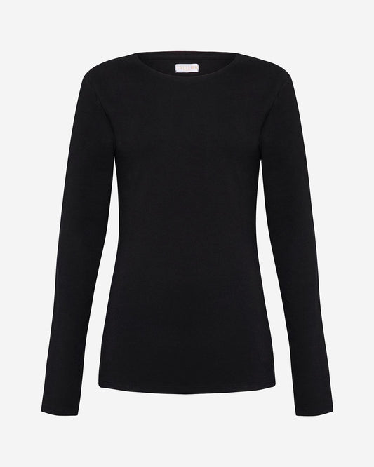 Slim fit black tall long sleeve top for tall women, ideal for layering